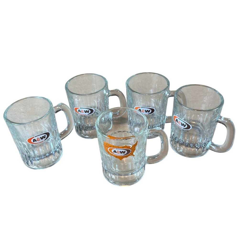 A&W Root Beer Mini Glass Mugs Set of 5 USA Map Logo Soda Memorabilia